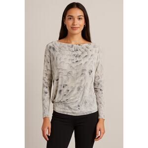 Rory Beca Ivory Gray Abstract Floral Silk Blouse – Asymmetrical L/S Top, Size 2